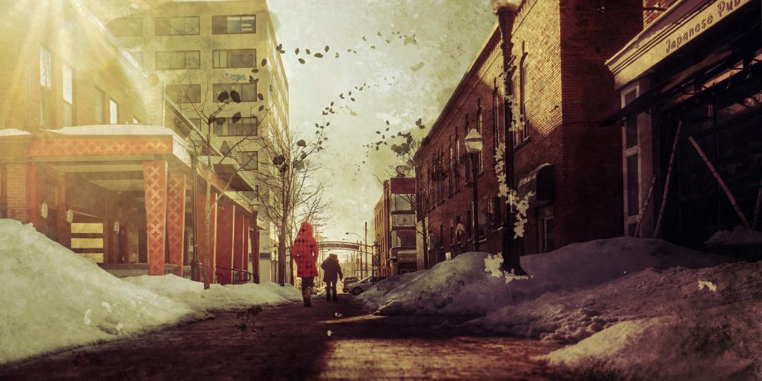 An expressive, layered city street with warm light.
